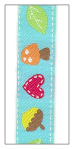 Hearts and Mushrooms on Turquoise Woven Ribbon 16mm